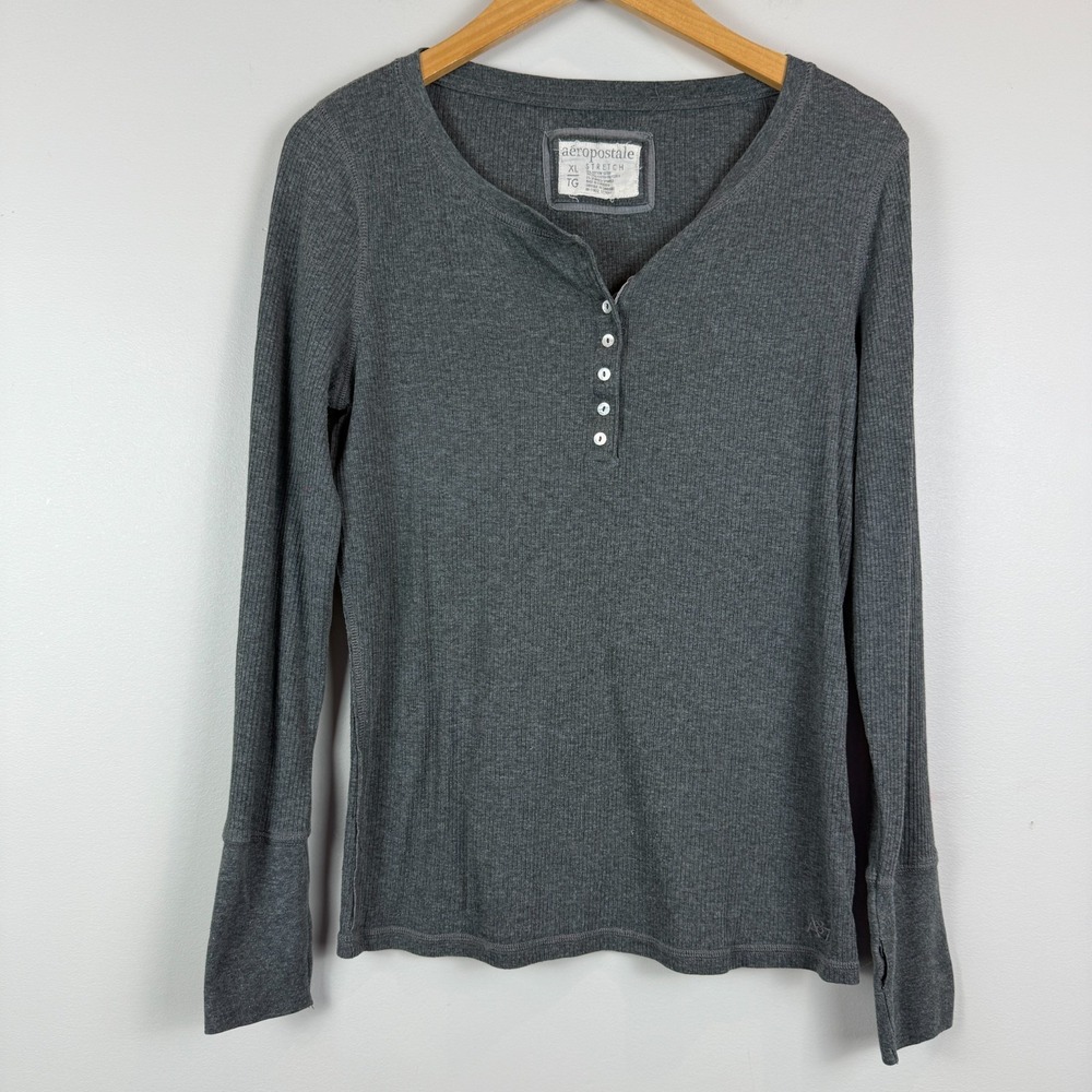 Y2K Aeropostale Shirt Women's XL Gray Knit Stretch Henley Neck Rib Long Sleeve
